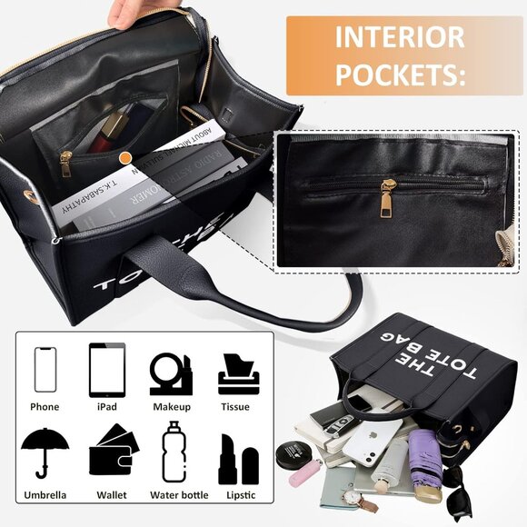 Women Pu-blackPersonalized Canvas Crossbody Tote Bag with Zipper Mini Top-Handle - Picture 4 of 6